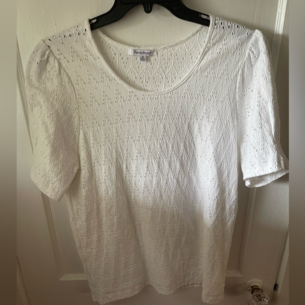 Women’s size XL; NorthStyle White Eyelet Scoop Neck Women's Top; gently worn